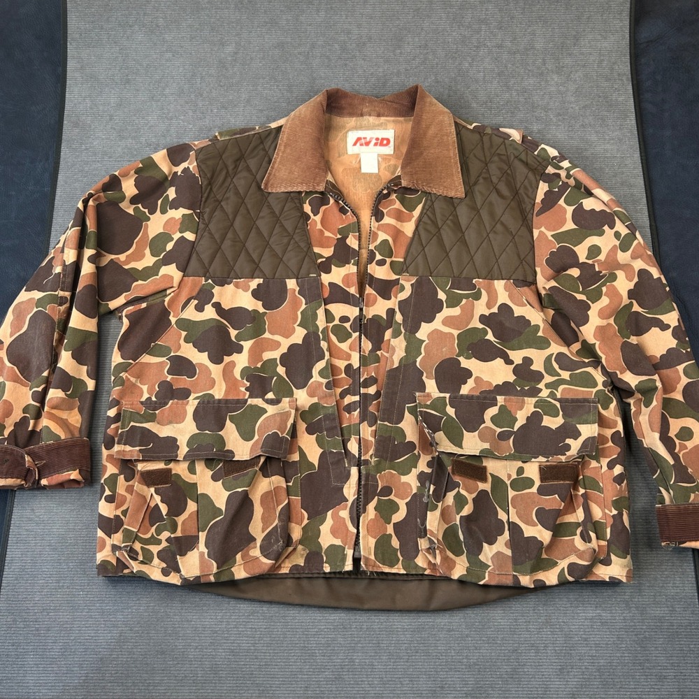 Vintage Avid Duck Hunting y2k Jacket Frog Skin Camo Quilted Shoulder XL Brown